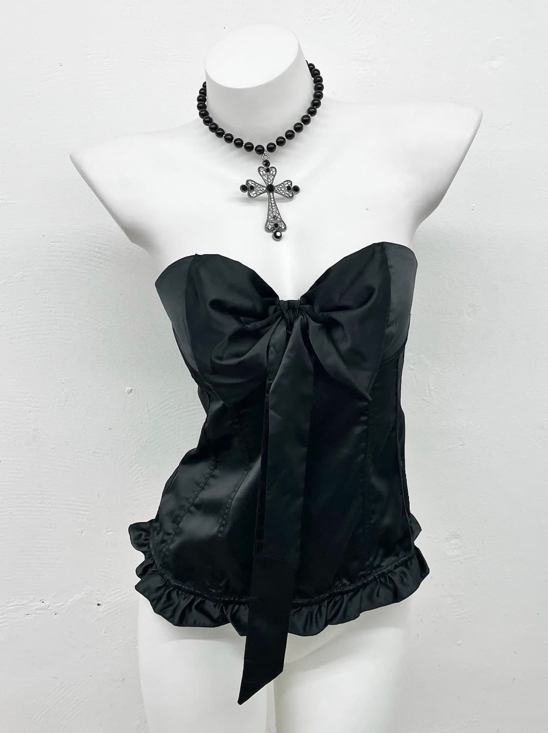 블랙 고딕 새틴 프릴 리본 코르셋 상품이미지1