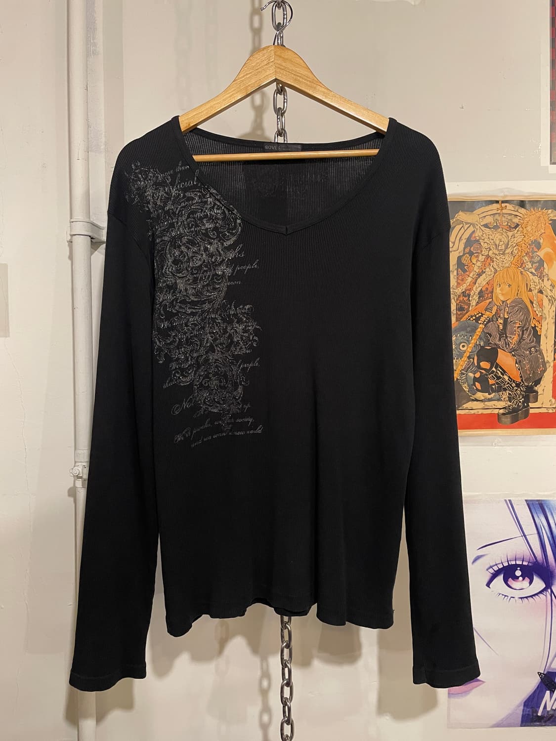 실버 글리터 프린팅 블랙 골지 롱슬리브 y2k 펑크 상품이미지1