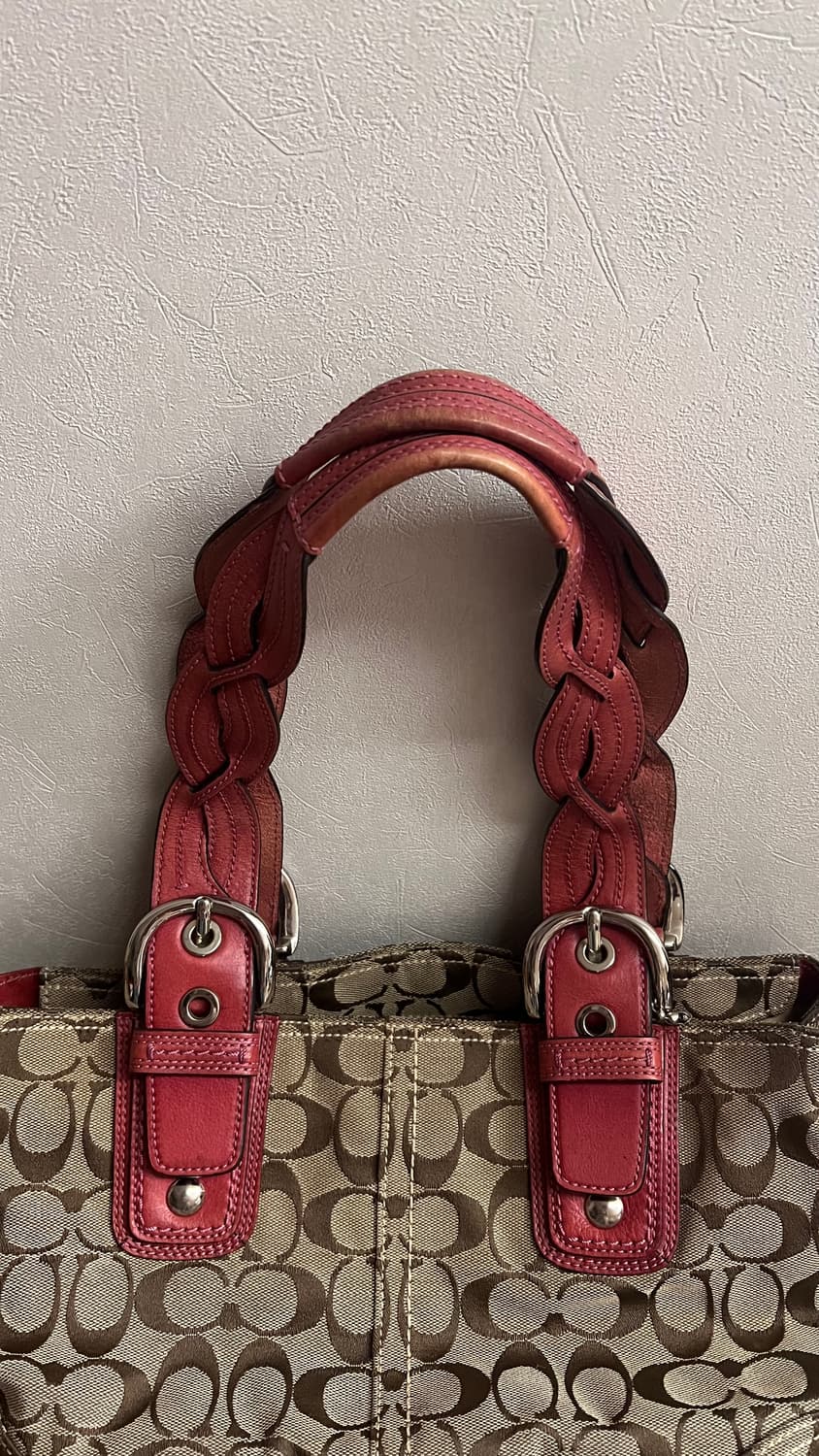 90s coach 코치 자카드 브라운 캔버스 레드 레더 호보 숄더백 상품이미지8