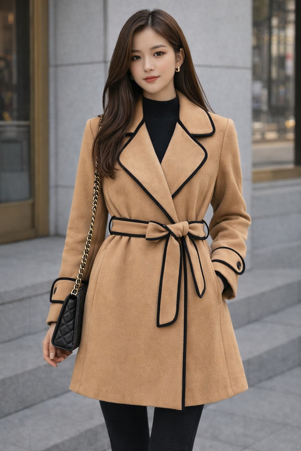 (거의새상품)여자랩코트 카멜 배색 하프코트 66~77 추천 상품이미지1