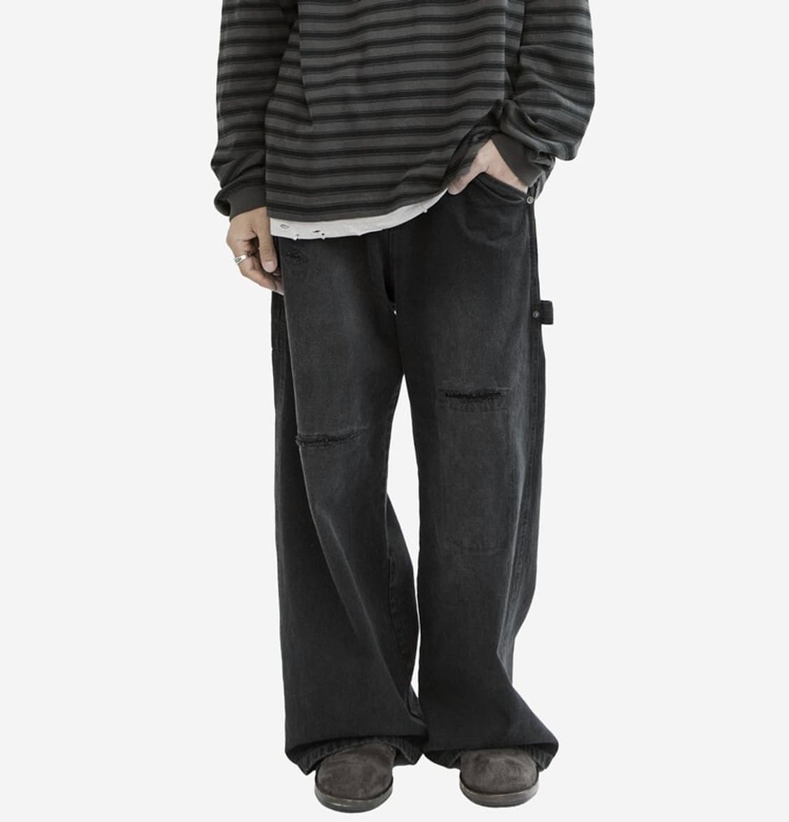 4) 폴리테루 데미지드 카펜터 팬츠 워시드 블랙 상품이미지1