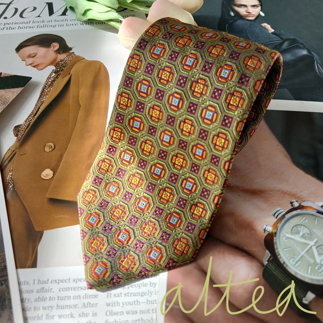 알테아 넥타이 그린 자카드 패턴 9.3cm A+등급 A19866 상품이미지1