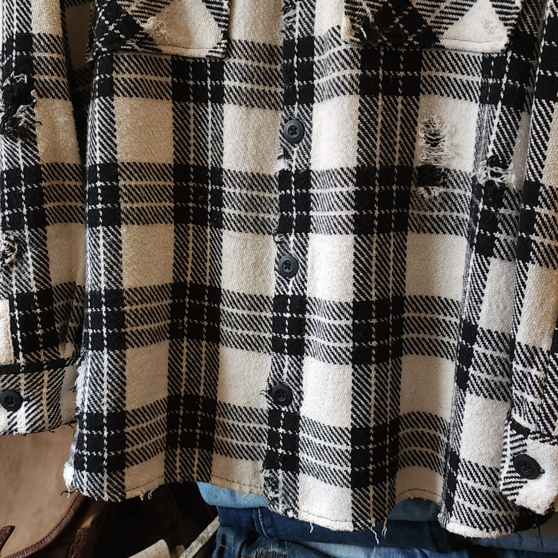 90s 빈티지 체크셔츠 헤비 플란넬 워크셔츠 데미지 블랙앤화이트 xl 상품이미지5