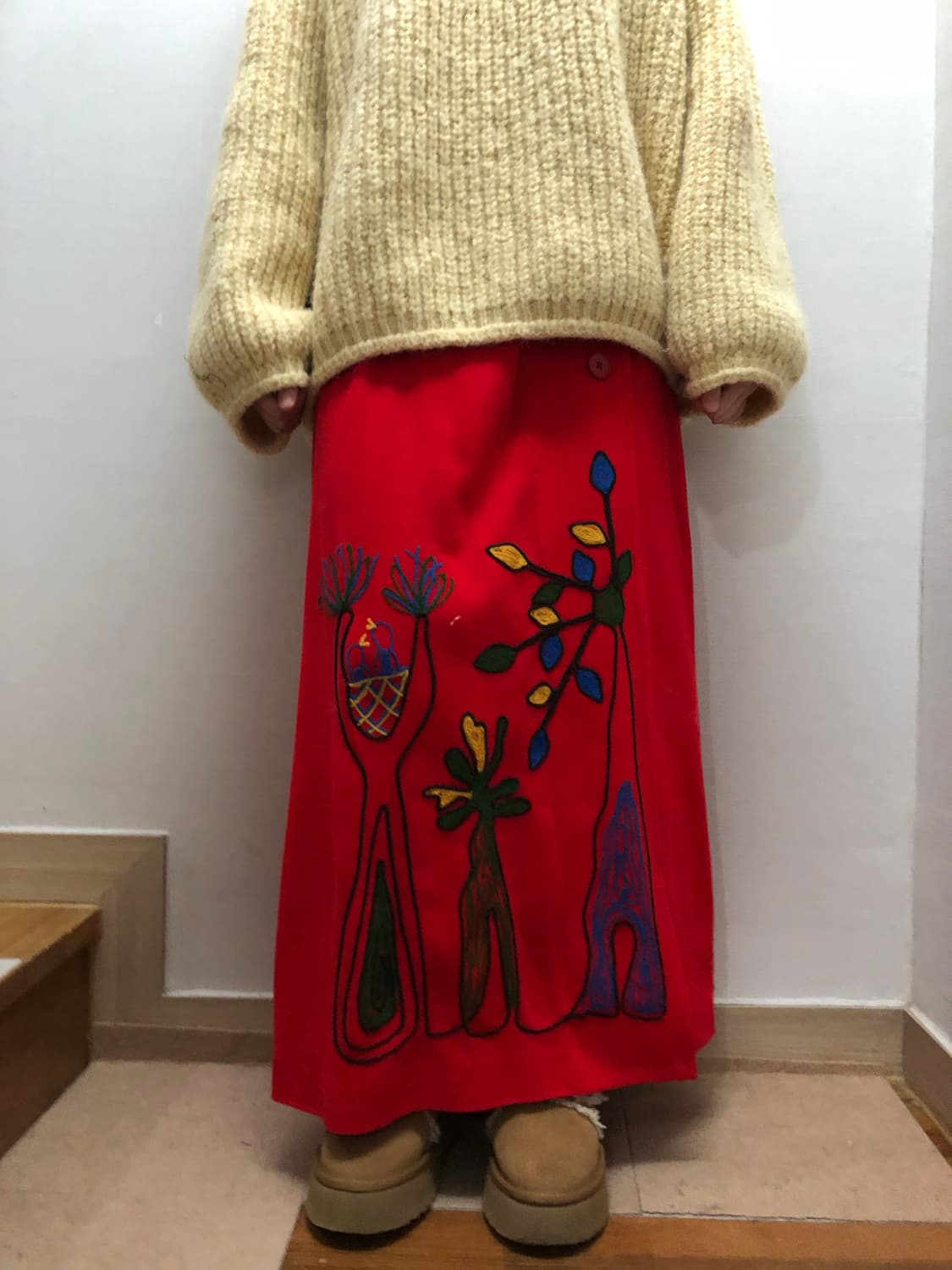 빈티지 레드 오리엔탈 버튼 롱 스커트 상품이미지4