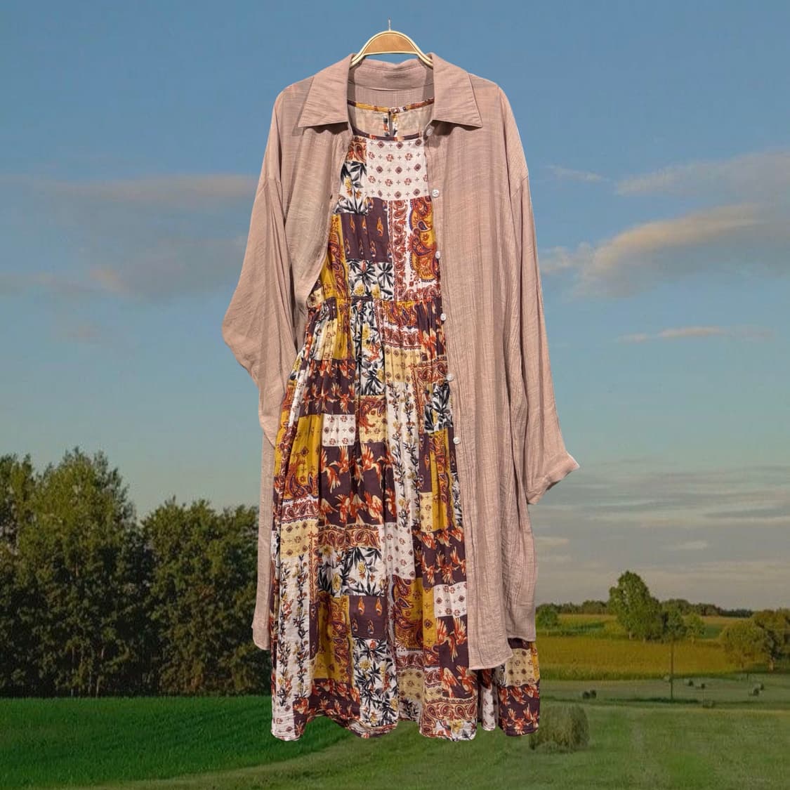 일본 빈티지 에스닉 패치워크 패턴 브라운 민소매 롱 원피스 상품이미지2