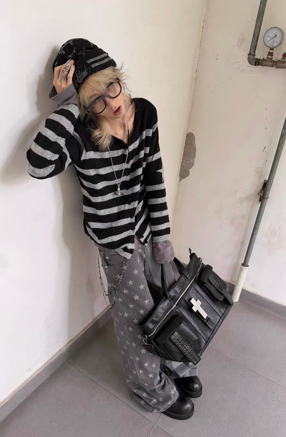 Star Stripe Big Collar Fur Mix Cardigan 상품이미지1