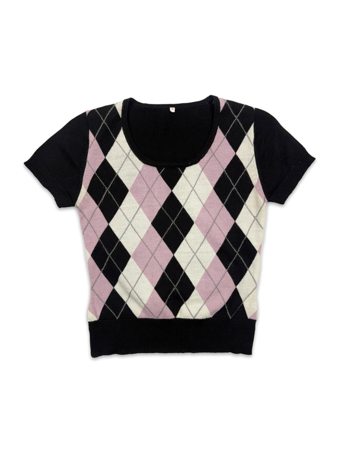 빈티지 핑크 블랙 아가일 반팔 니트 상품이미지1