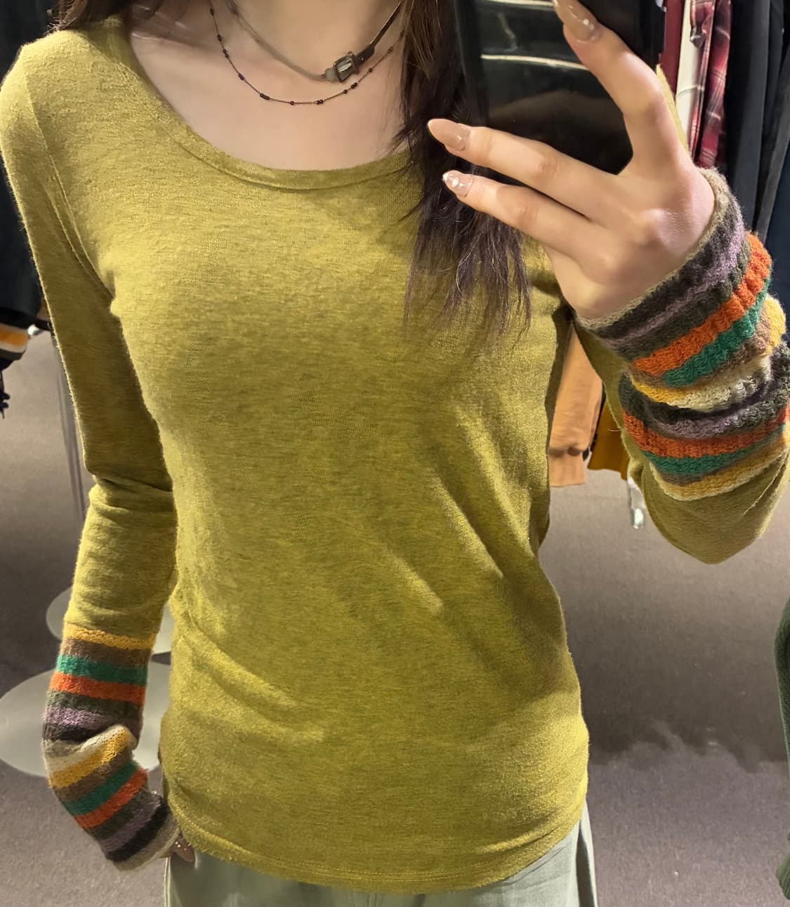 OS)Japanese vintage 여성 니트 소매 배색 롱 슬리브 상품이미지2