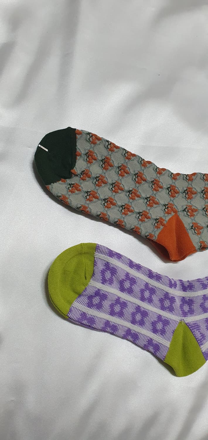 2컬레 가격 그린 퍼플 오렌지 꽃 플라워 패턴 양말 상품이미지3