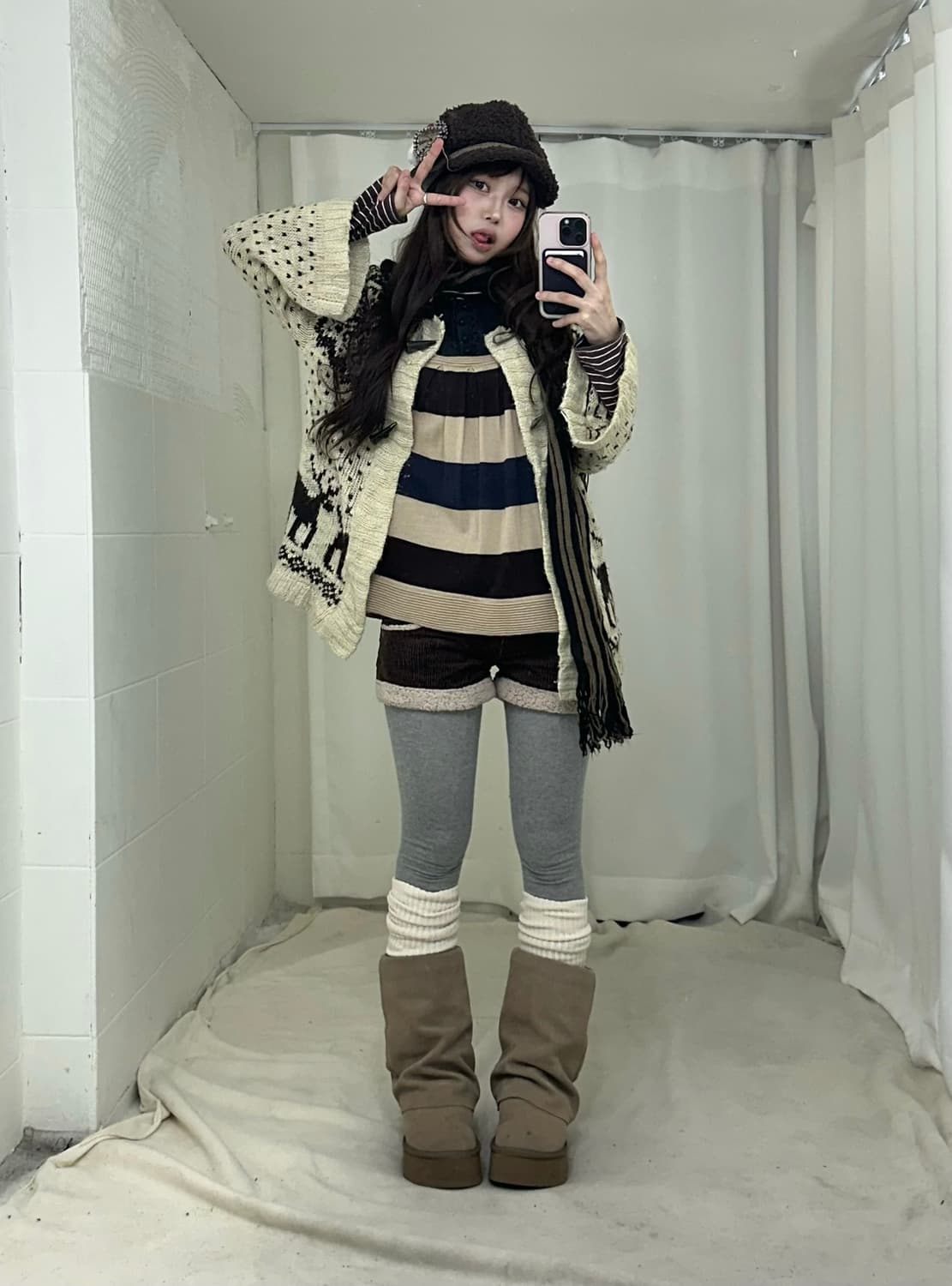 브라운 모카무스 노르딕 모리걸 뽀글이 반바지 코디세트 상품이미지2