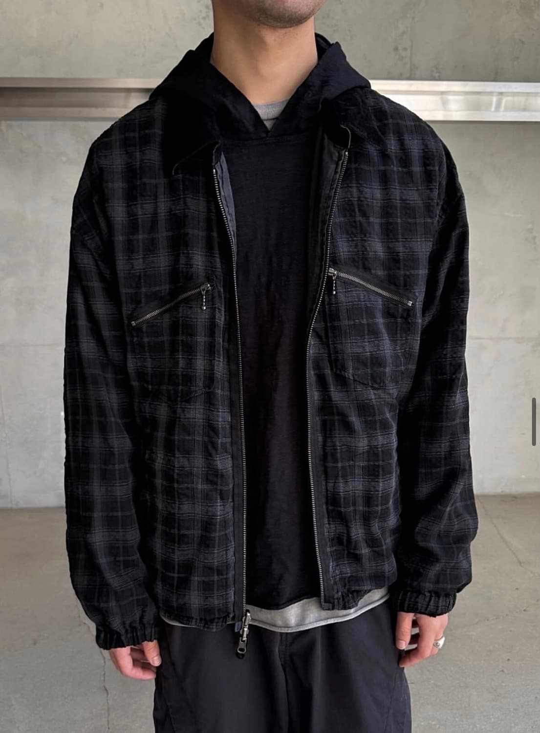 [4] 폴리테루 리버시블 블루종 라미체크 올리브 블랙 화이트 체크 상품이미지3