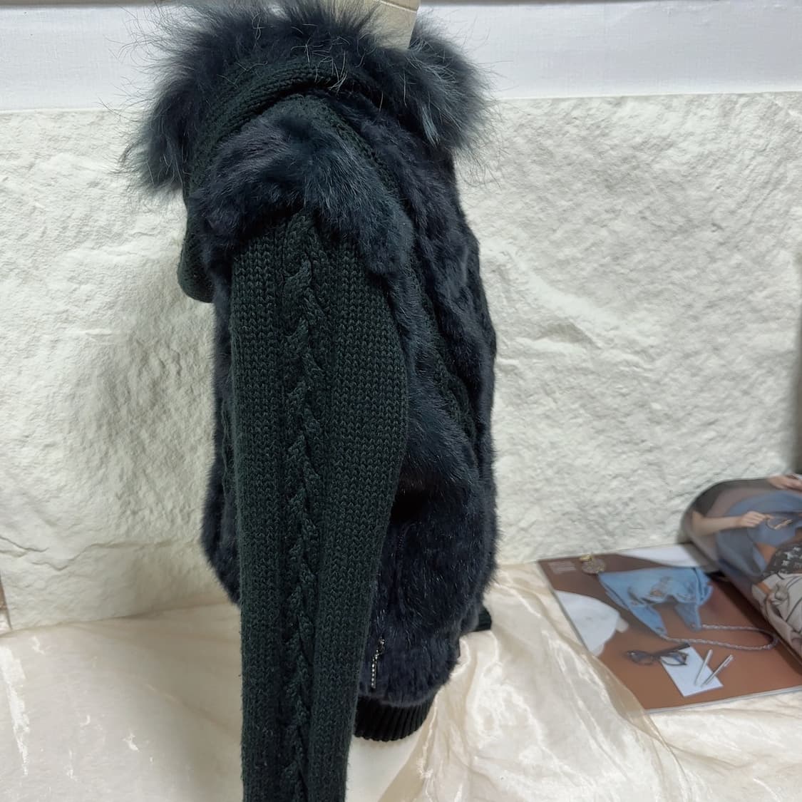빈티지 어두운 녹색 꽈배기 폭스퍼 후드집업  토끼털 니트자켓 상품이미지3