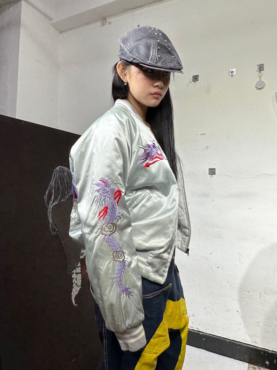 Jpn 일본빈티지 오리엔탈 회색 용 스카잔 자켓 상품이미지4