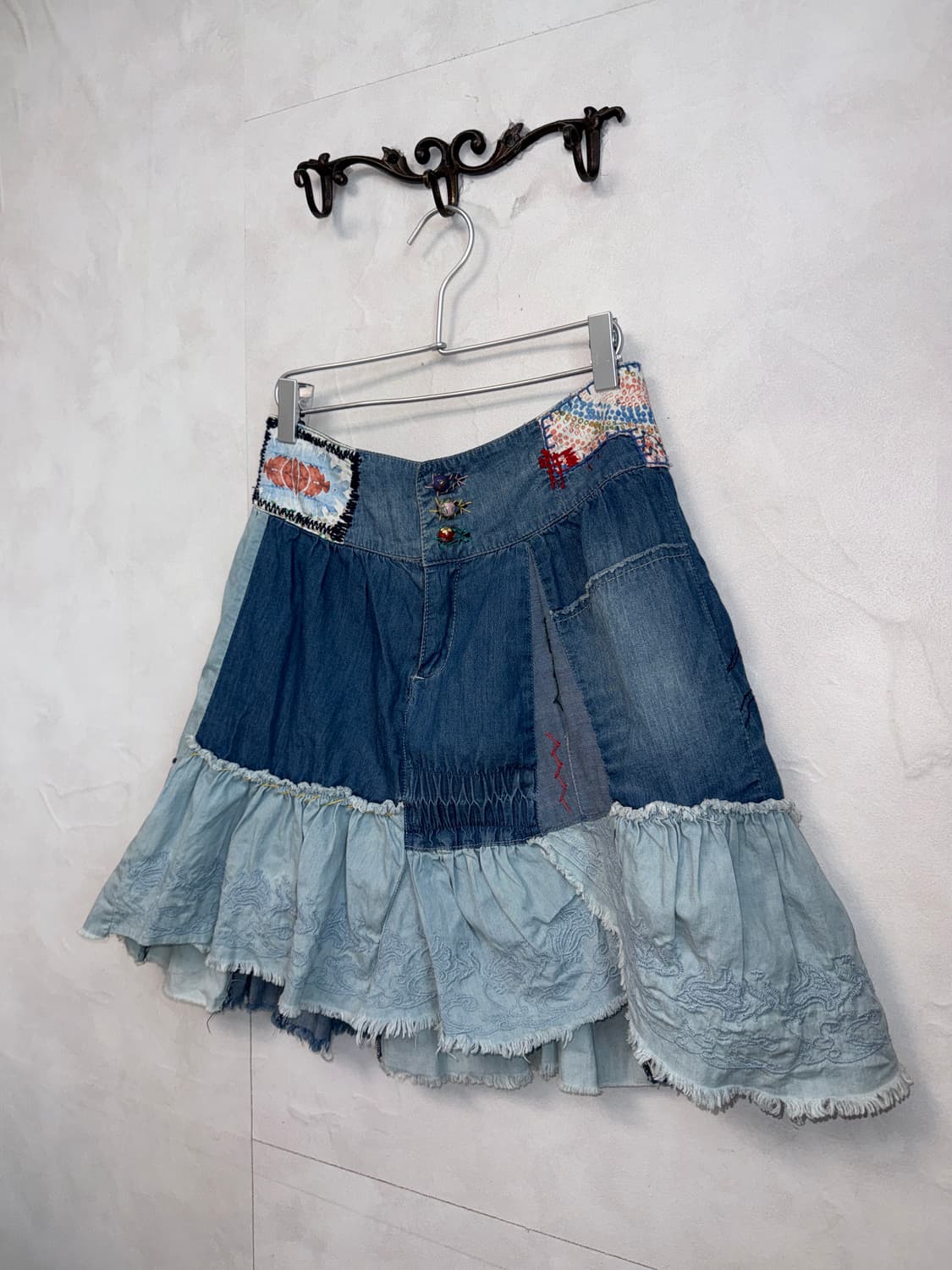 Denim ethnic patchwork flare midi skirt 상품이미지2