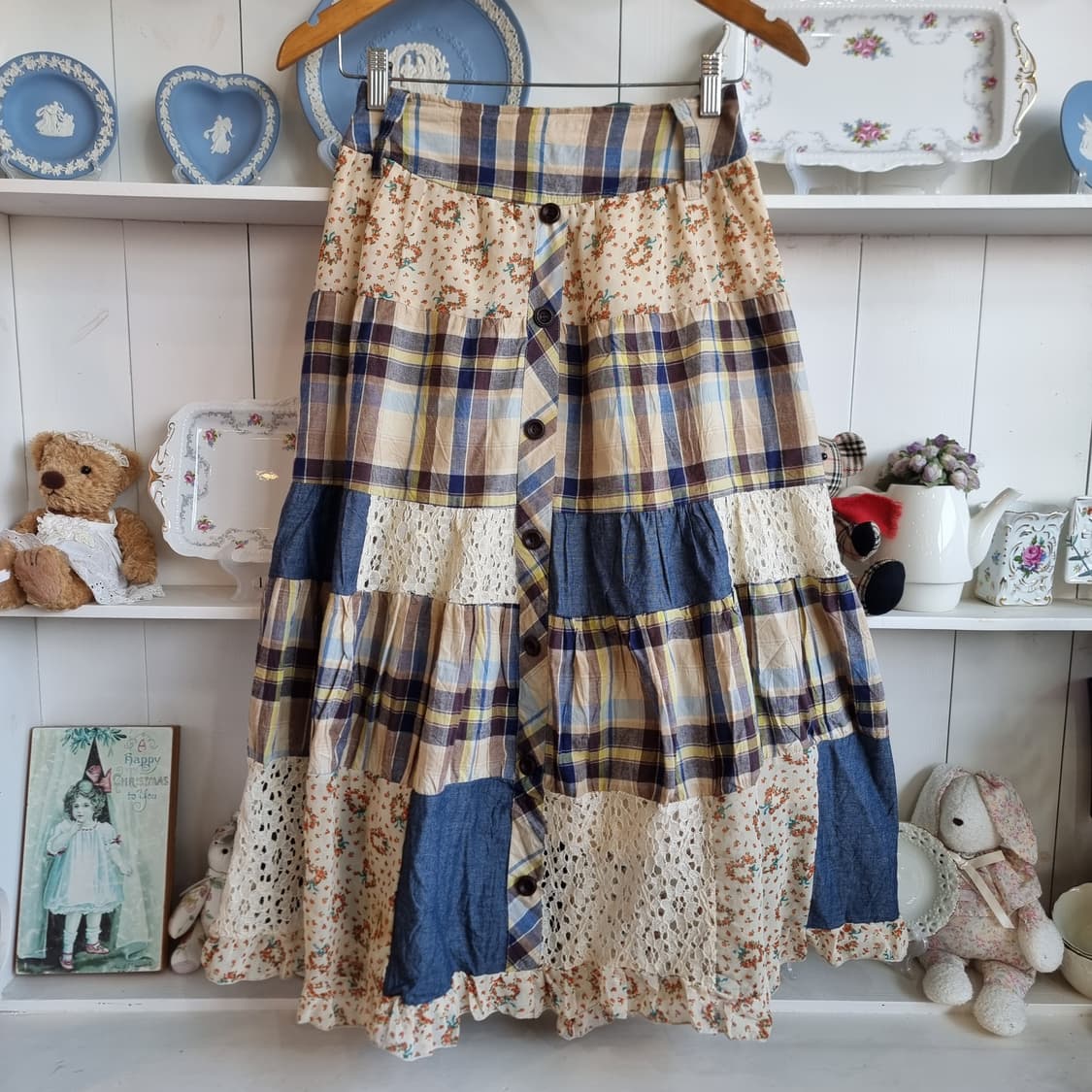 패치워크 체크 플라워  캉캉 롱스커트 상품이미지1