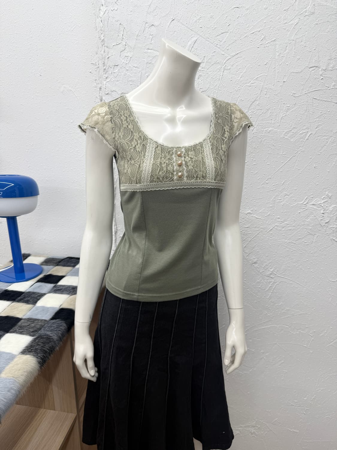 빈티지 weaver 카키 레이스 슬림 블라우스 상품이미지1