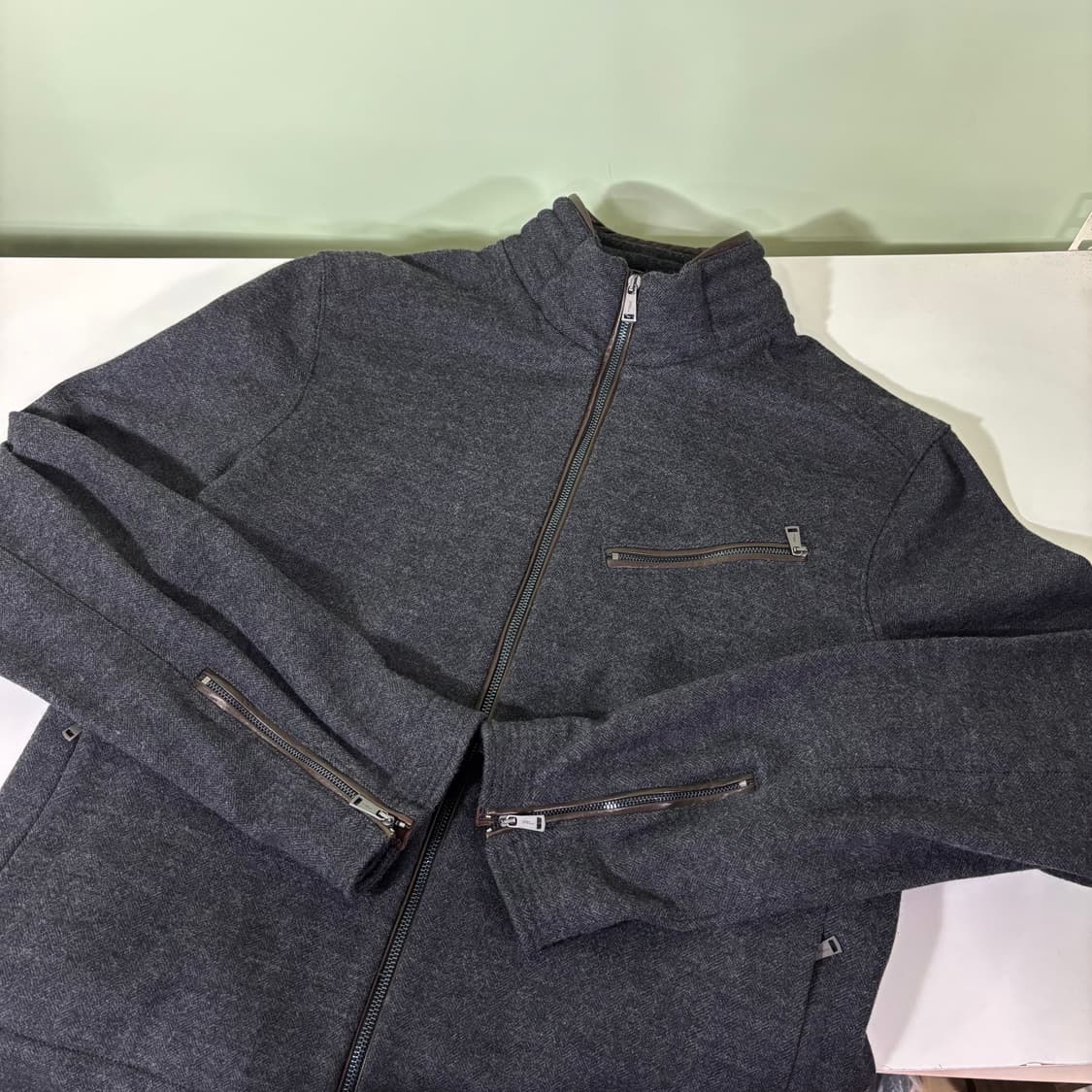 XL 폴로 랄프로렌 블랙라벨 차콜 가죽배색 울 헤링본 라이더자켓  상품이미지1