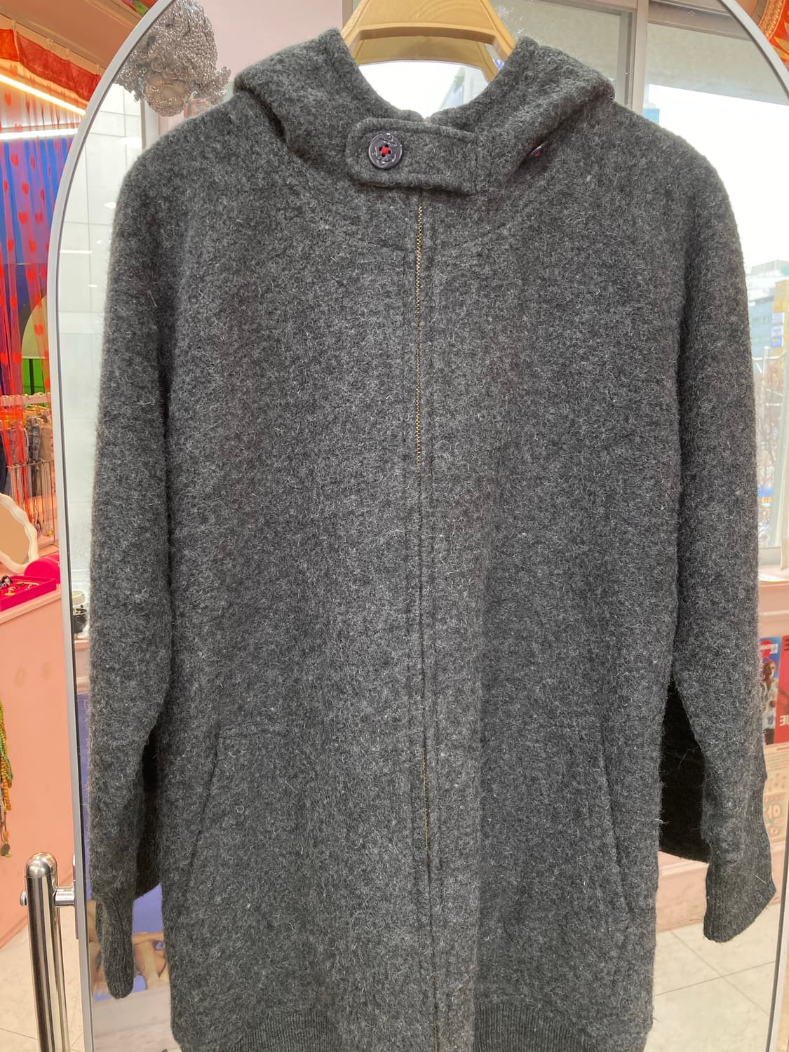 울 40% 그레이 단추 후드집업 상품이미지2