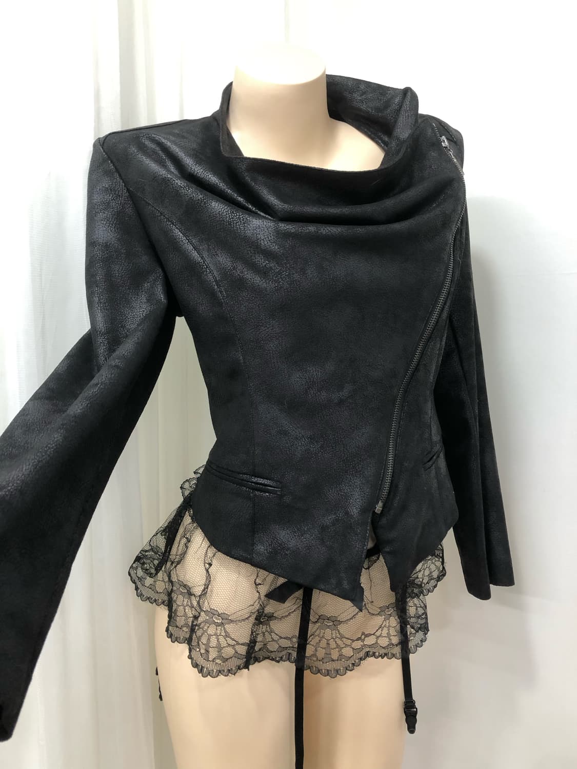 black asymmetric draping leather jacket 상품이미지3