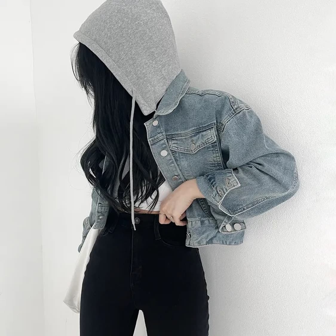 기분 따라 [후드탈부착!] 오버핏 크롭 청자켓 상품이미지3