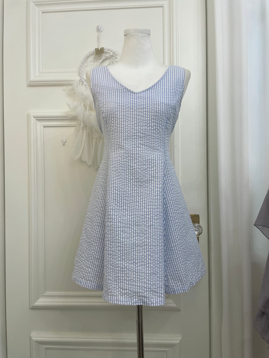 sky blue stripe lovely bow point flare o 상품이미지1