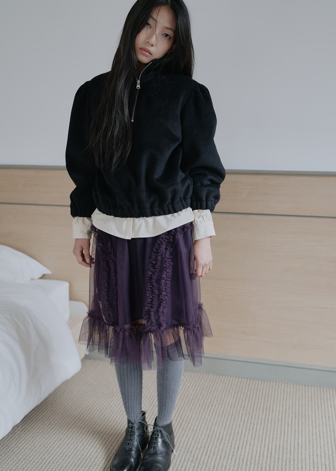 생긴스튜디오 밴딩 러플 샤 스커트 다크퍼플 상품이미지1