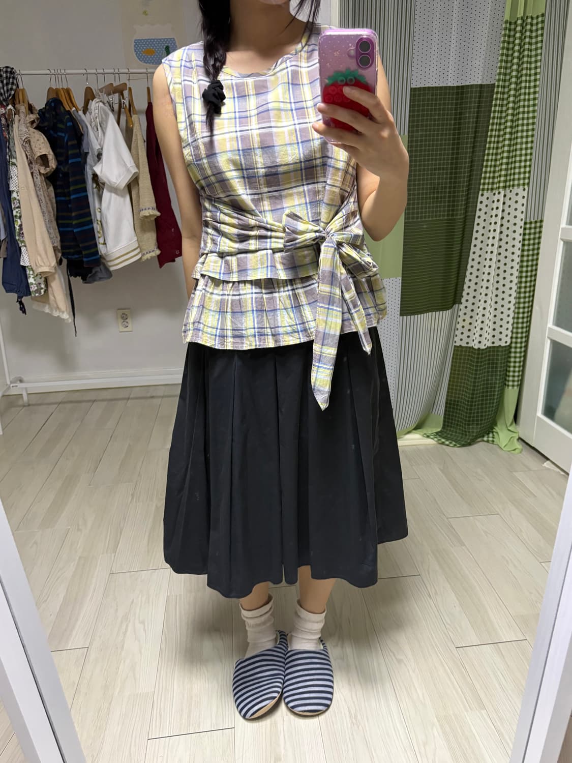 옐로우 체크 민소매 블라우스 상품이미지8