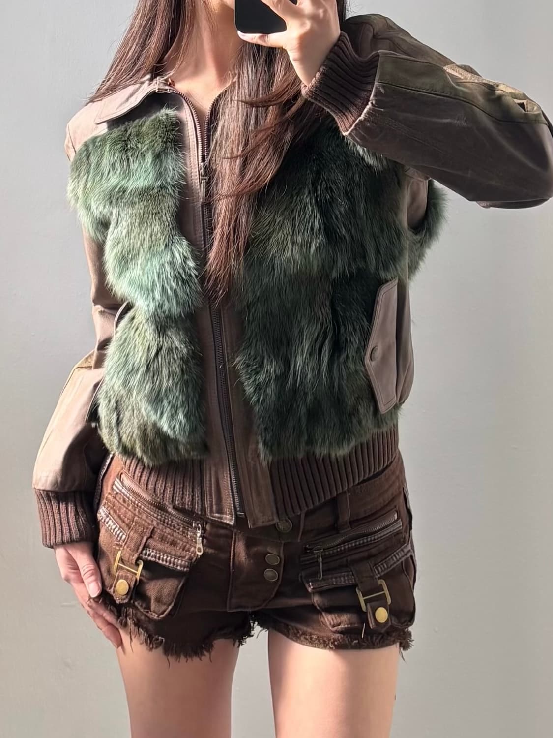 Vintage Brown Green Fur Leather Jacket 상품이미지8