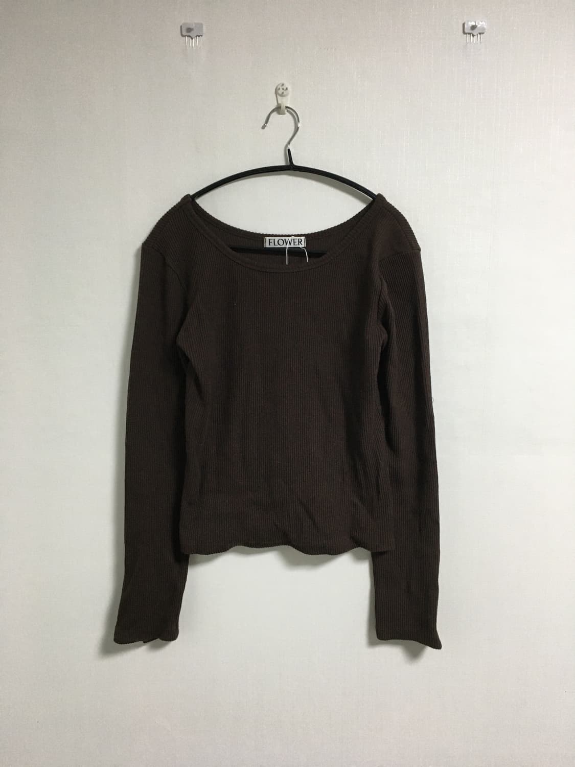 FLOWER 브라운 골지 유넥 긴팔 티셔츠 상품이미지1