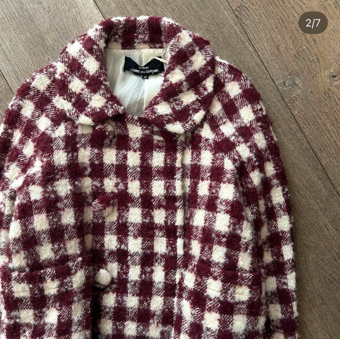 꼼데가르송 트리콧 깅엄체크 부클 더블 하프 코트 레드 상품이미지2