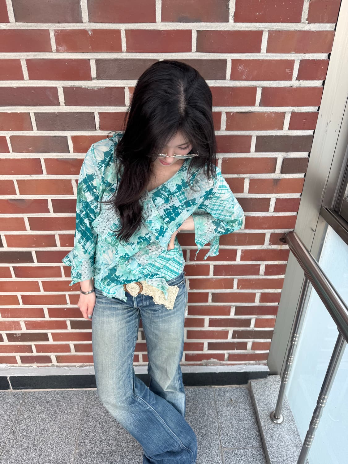 오리엔탈 민트 플라워 블라우스 상품이미지4