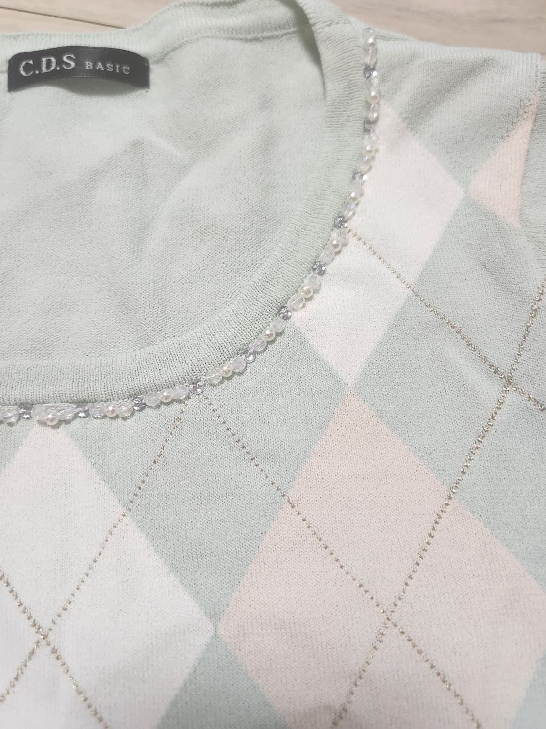 히메갸루 일브 아가일 니트 반팔 티셔츠 큐빅 비쥬 디테일 민트 리즈리사 상품이미지2