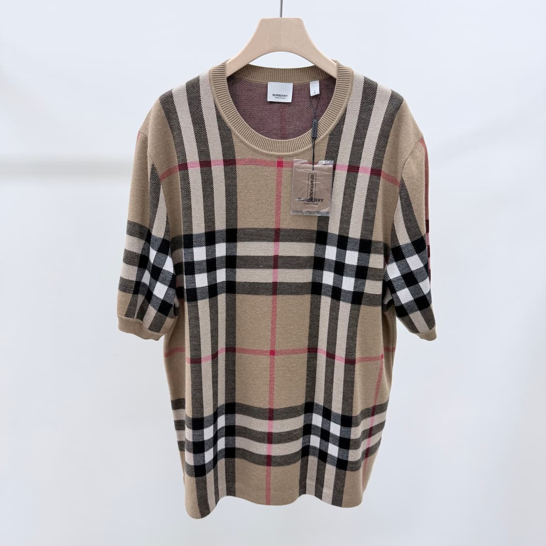 [미사용/L] 버버리 체크 울 실크 자카드 반팔 니트 상품이미지1