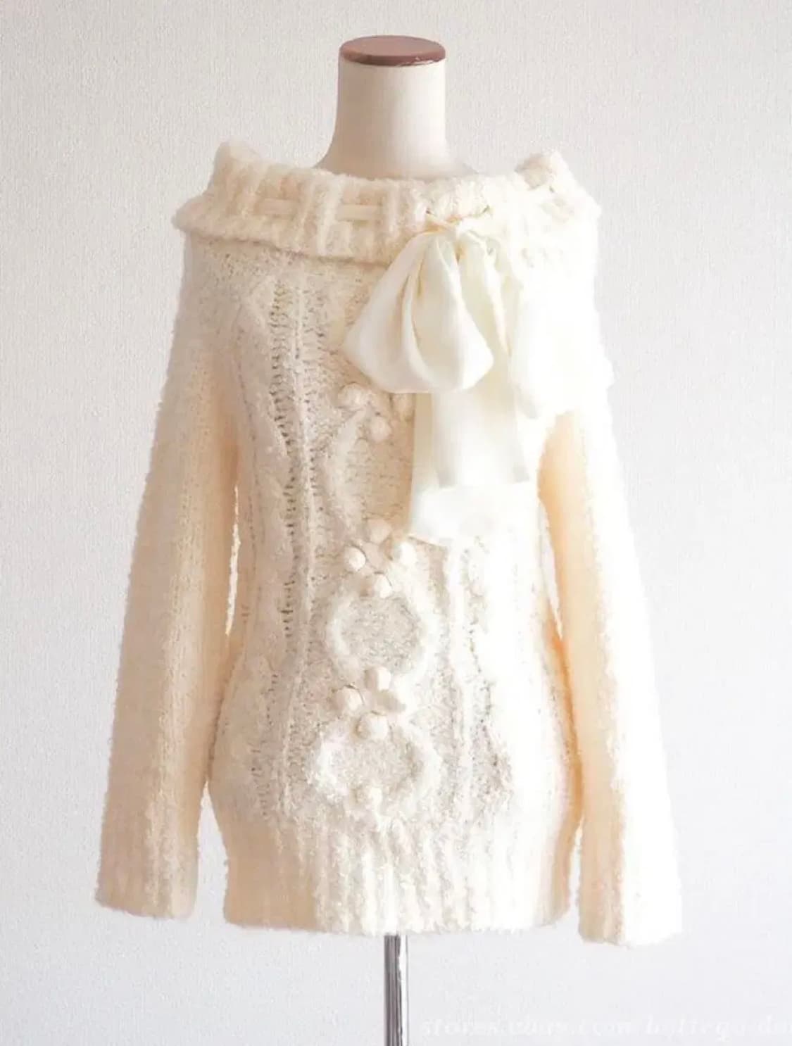 리즈리사 대대장 아이보리 리본 오프숄더 니트 히메갸루 라떼갸루 상품이미지2