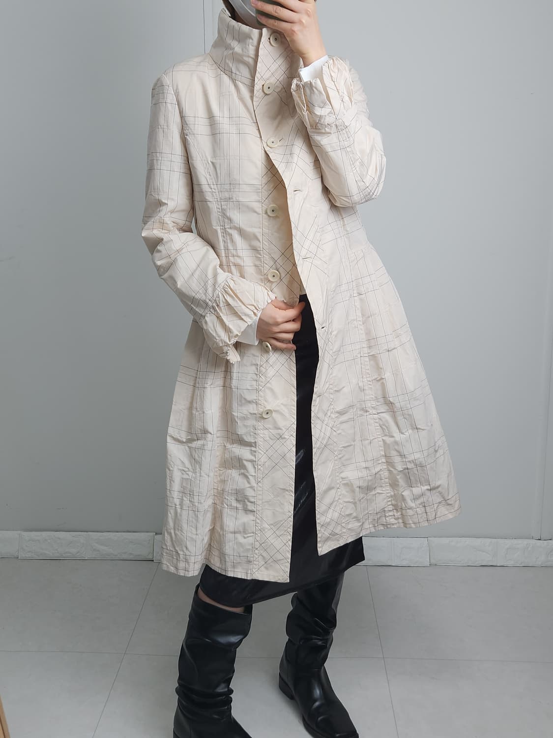 (Hiroko Bis)체크 스티치 롱 자켓 상품이미지2