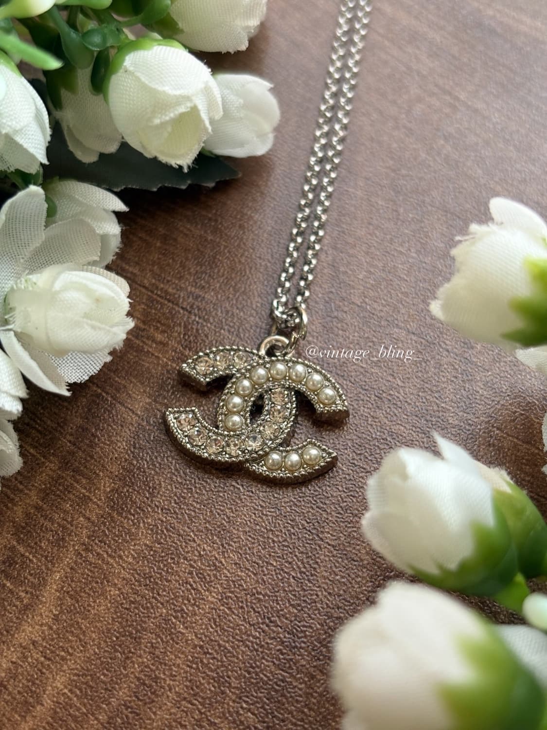 샤넬 큐빅 펄 듀얼 엣지 실버 목걸이 상품이미지1