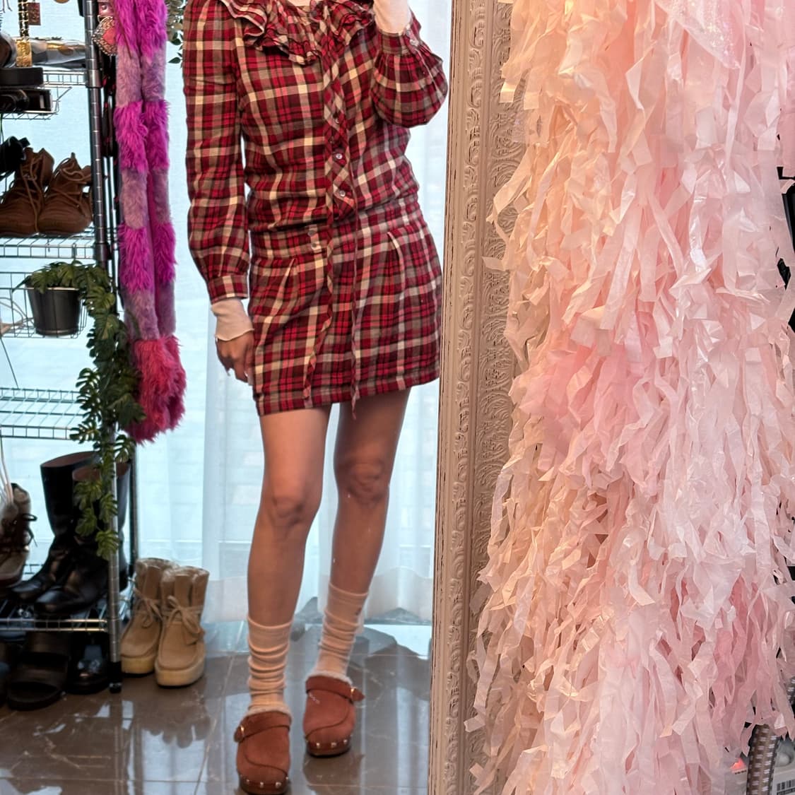 체크 러플카라 드레스 상품이미지1