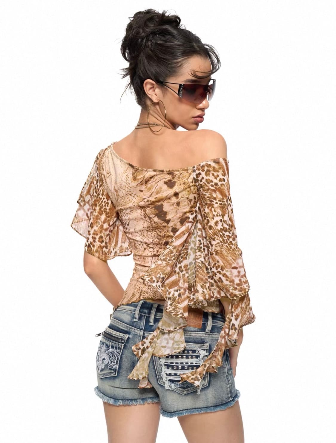 Jyosei 뱀피 호피 크로스 프릴 탑 상품이미지5