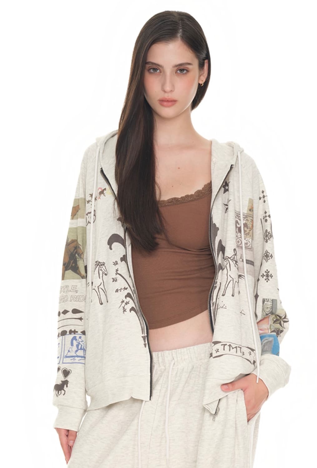 투머치택스 프린티드 와플 집업 후디 아이보리 상품이미지1