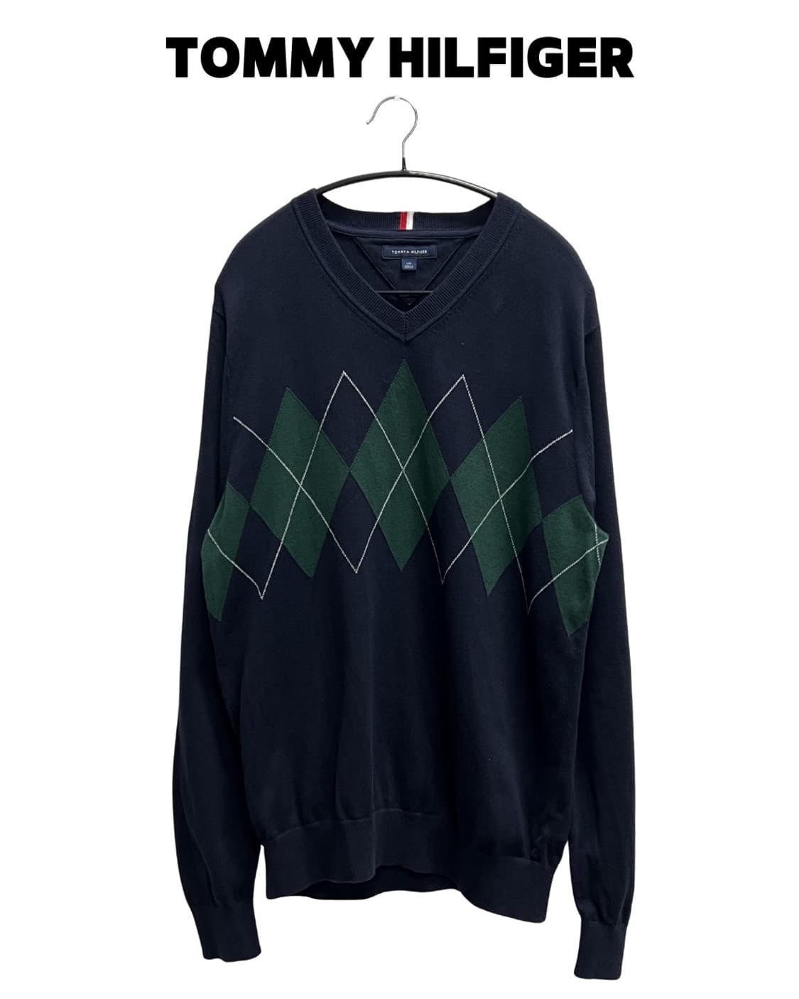 타미힐피거 남성 브이넥 아가일 니트 스웨터 네이비 상품이미지1