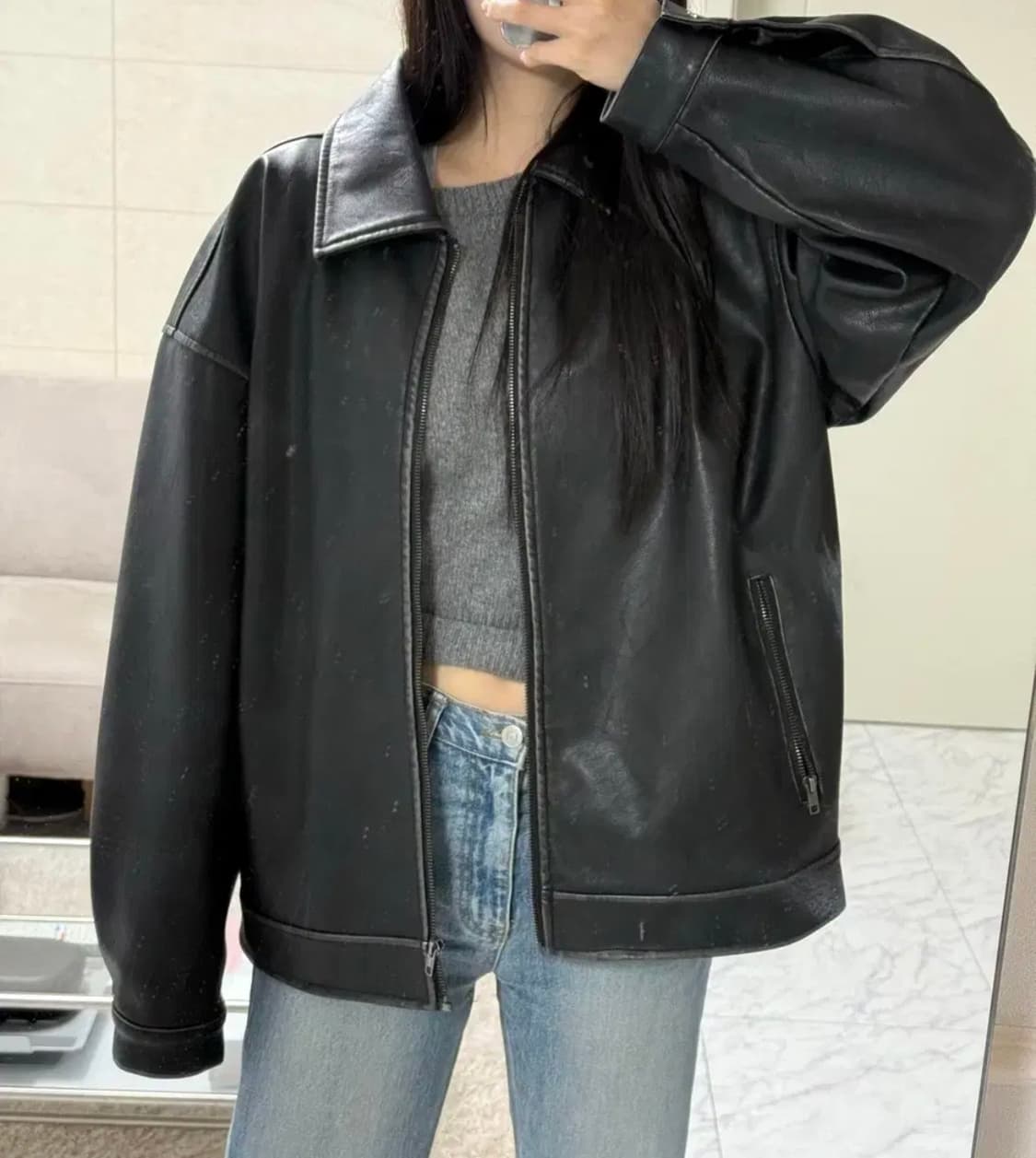 애옹쓰 블랙 레더 블루종 자켓 (안감누빔) 상품이미지3