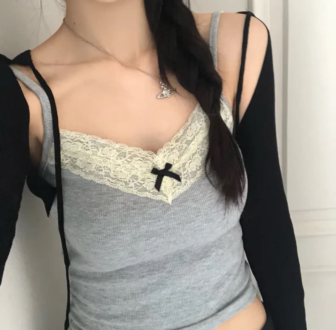 빈티지 나시 슬리브리스 러블리 리본 갸루 핀터깔 상품이미지3