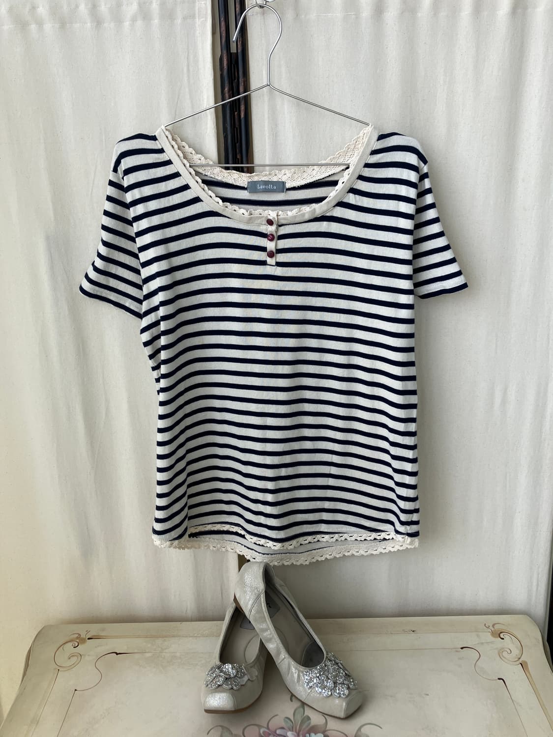  ivory stripe crochet lace half t-shirt 상품이미지1