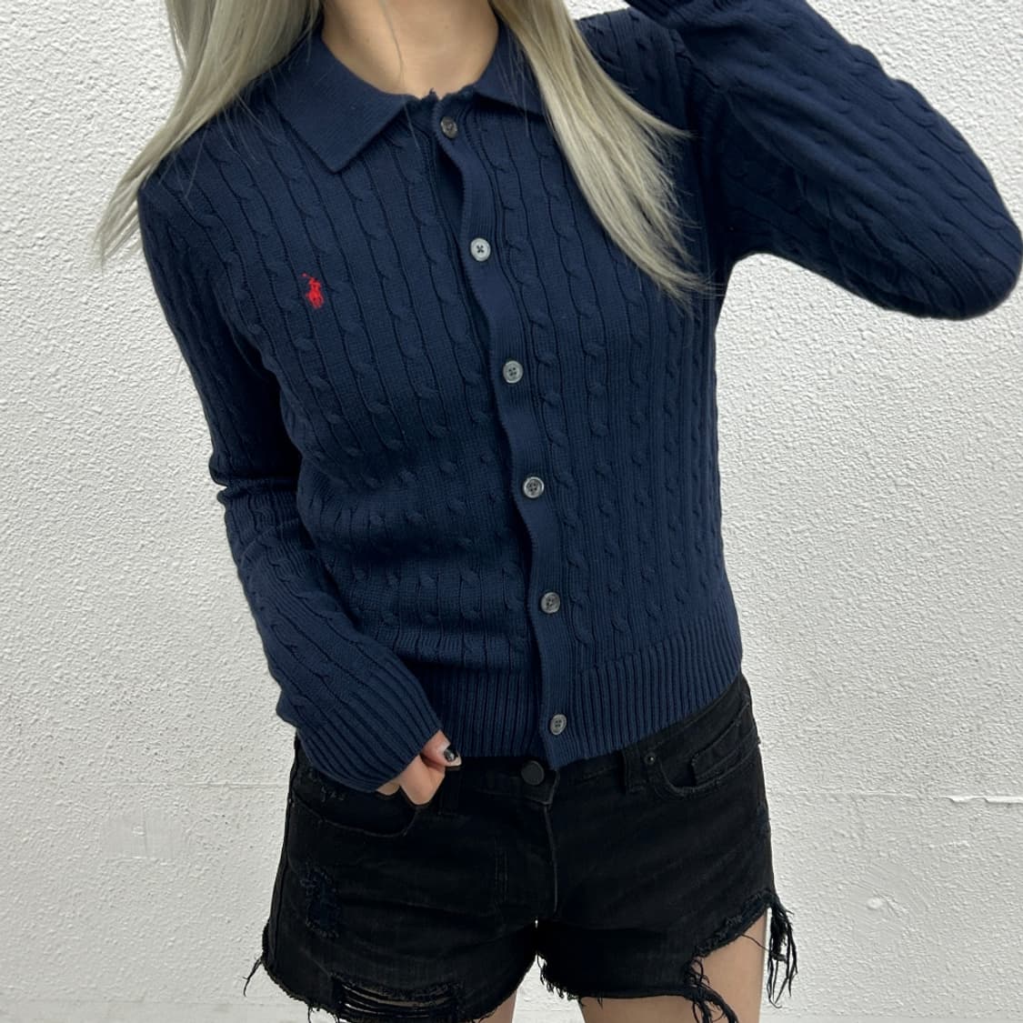 폴로 랄프로렌 레드포니 네이비 꽈배기 카라 버튼 가디건 상품이미지1