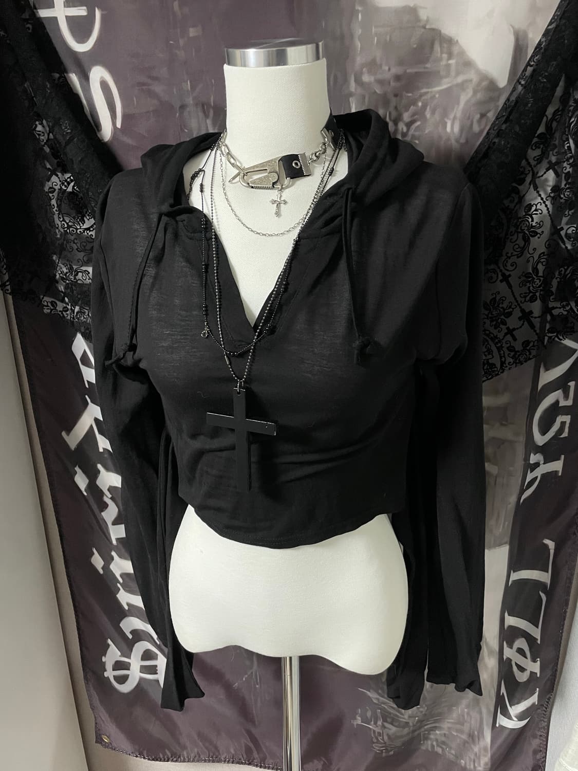 빈티지 시스루 크롭 후드 백포인트 레이어드 롱슬리브탑 00s 2010고스 상품이미지2