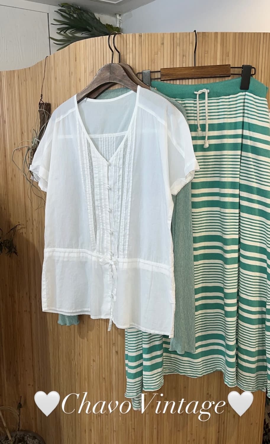 빈티지 그린 모리 코디세트 (스트라이프 스커트, 화이트 레이스 블라우스) 상품이미지4