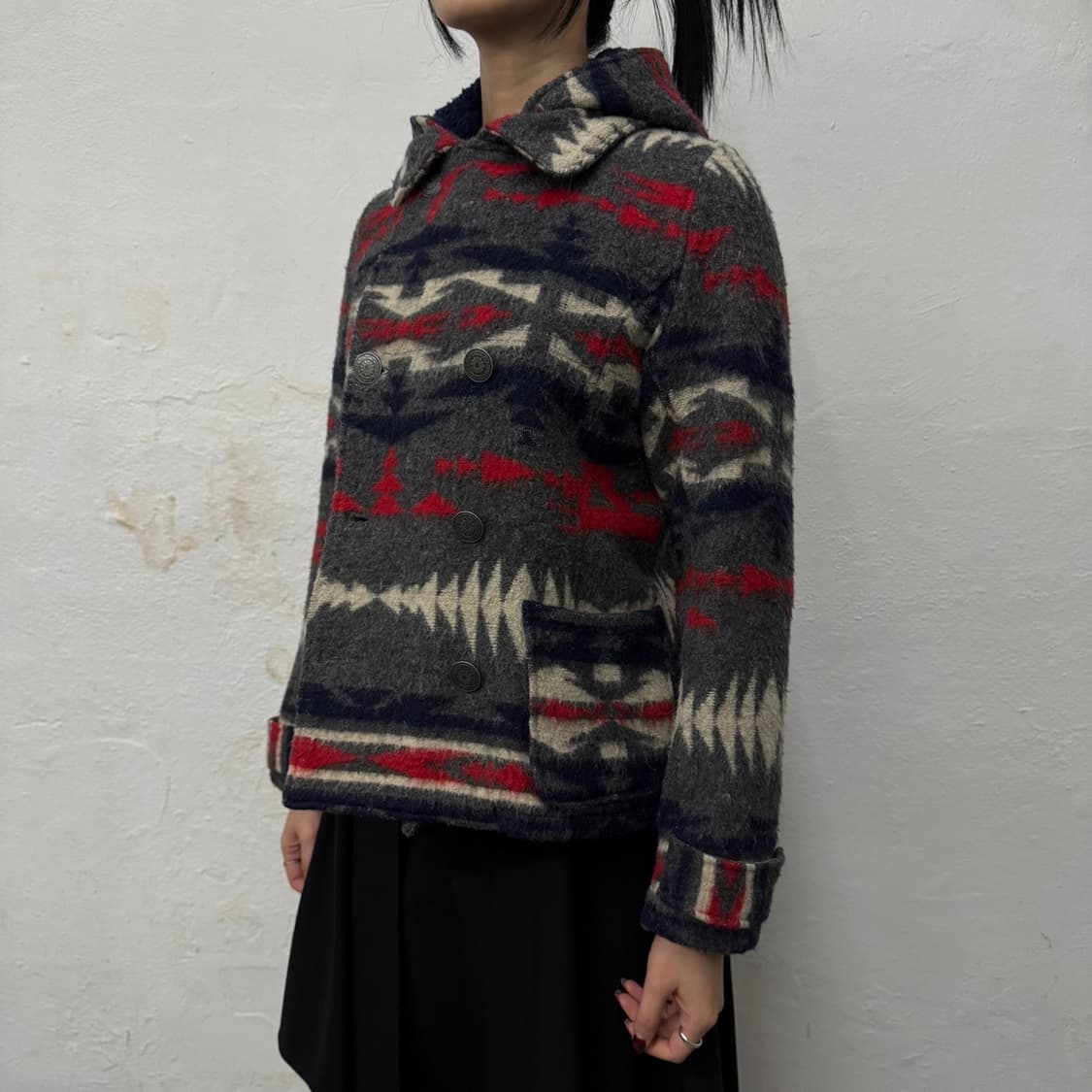 TITICACA 차콜컬러 나바호 풀 패턴 울 혼방 더블 하프 코트 자켓 상품이미지1