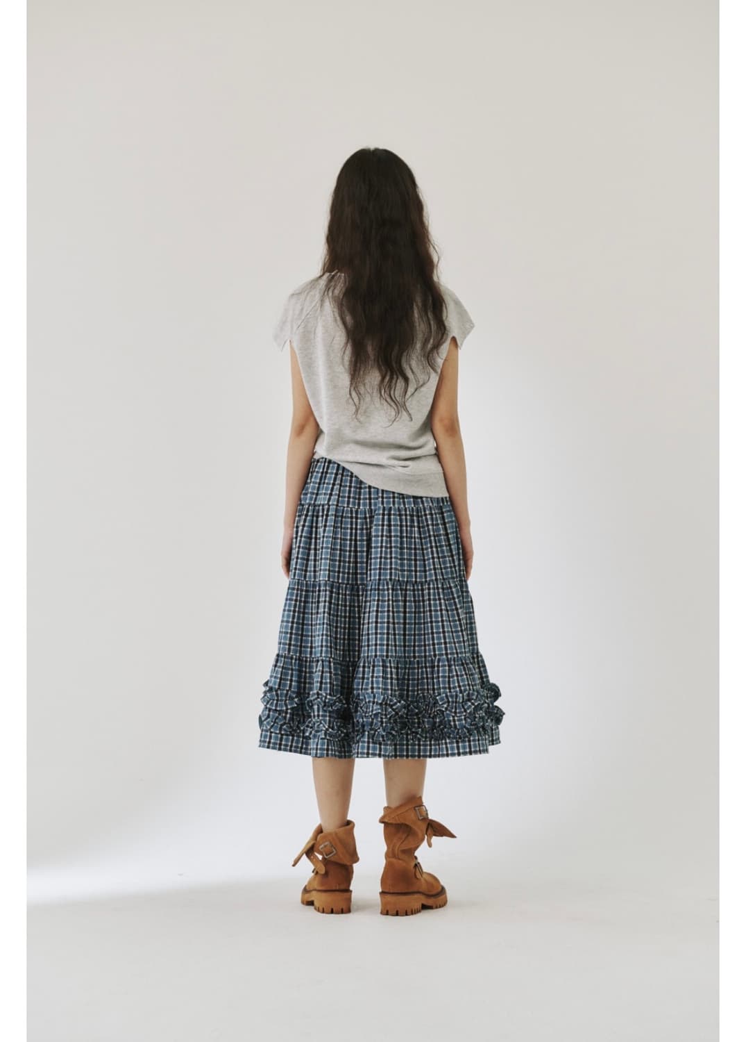 플리즈프로젝트) Middle Frill Skirt Blue Check F 상품이미지2