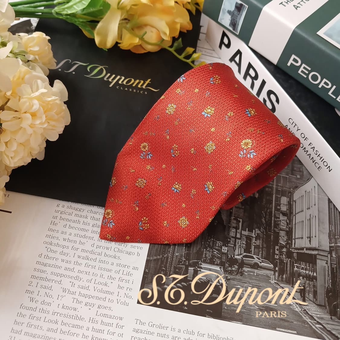 에스.티. 듀퐁 실크 오렌지 플라워 패턴 넥타이 9cm A등급 E883
 상품이미지2