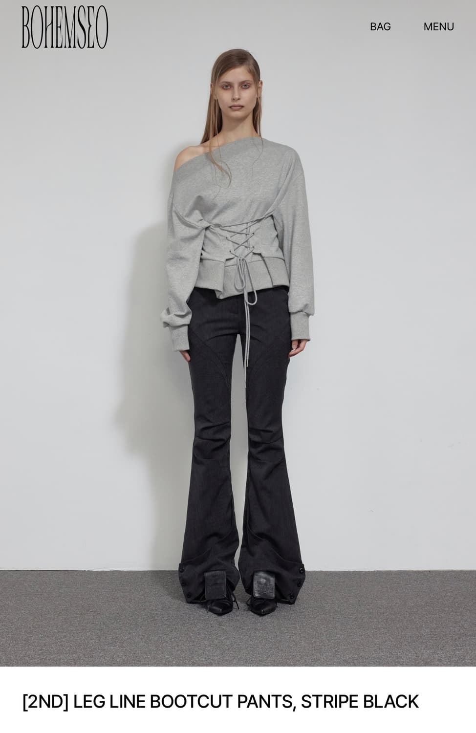 보헴서 레그라인 부츠컷 슬렉스 스트라이프 블랙 상품이미지1